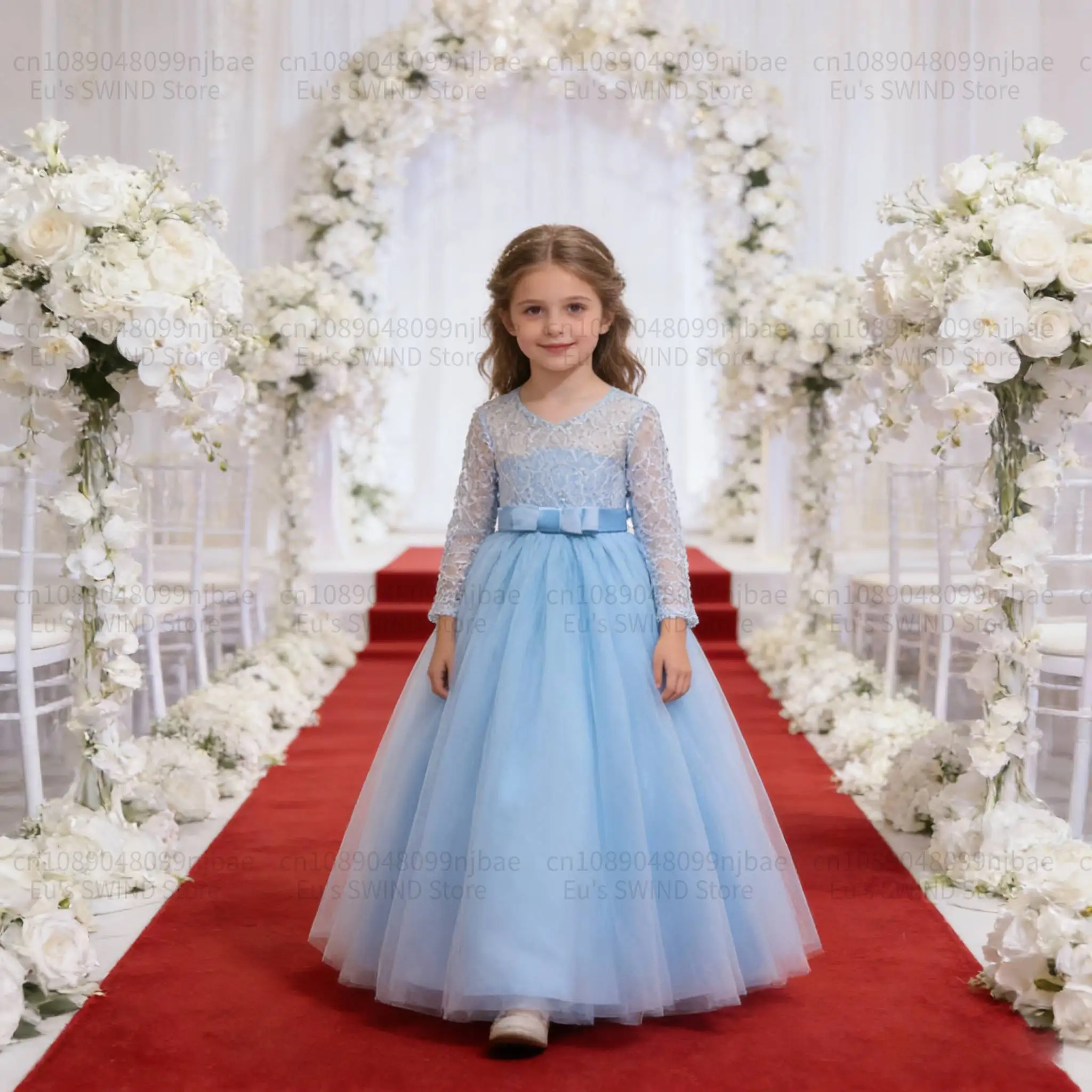

Платье принцессы с длинными рукавами и цветочным узором для девочек, праздничное платье для девочек, элегантное платье для девочек, праздничное свадебное платье для девочек