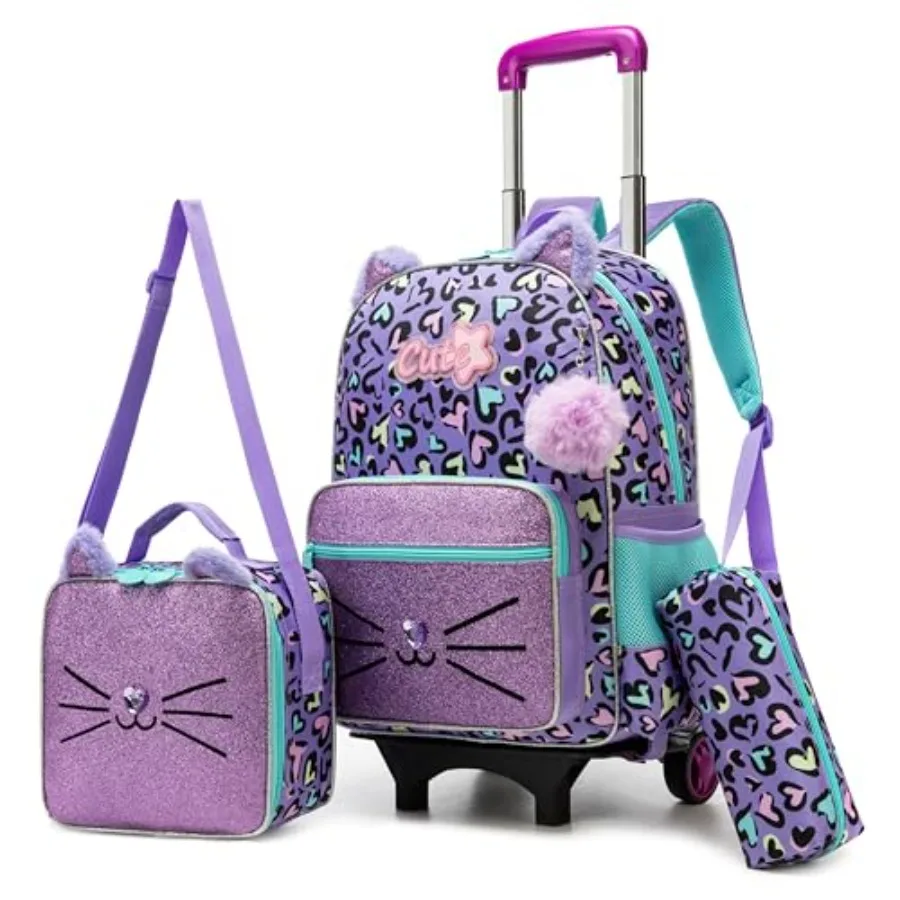 

Girls Cute Cat Rolling Backpack with Wheels Wheels Backpack for Girls Luggage with Lunch Box Pencil Case for Elementary Student
