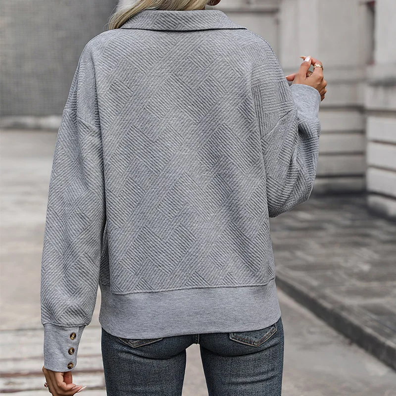 Women's Textured Solid Color Lapel Sweatshirt Casual European American Style Autumn New Independent Site