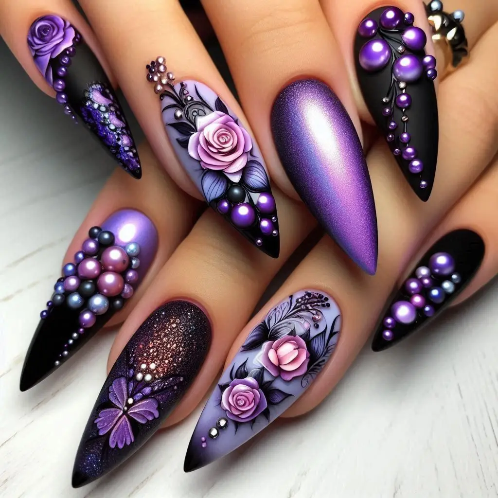 

24PCS Dark Black Purple Rose Butterfly Pearl Wearable False Nails Press on Nails European American Wearable Nails Luxury Design