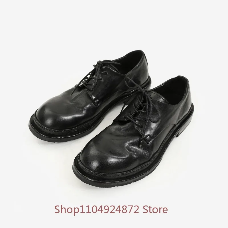 Vintage Washed Horsehide Derby Shoes Men's Hand‑Stitched Thick Sole Business Commute Daily Walking Genuine Leather Shoes Male