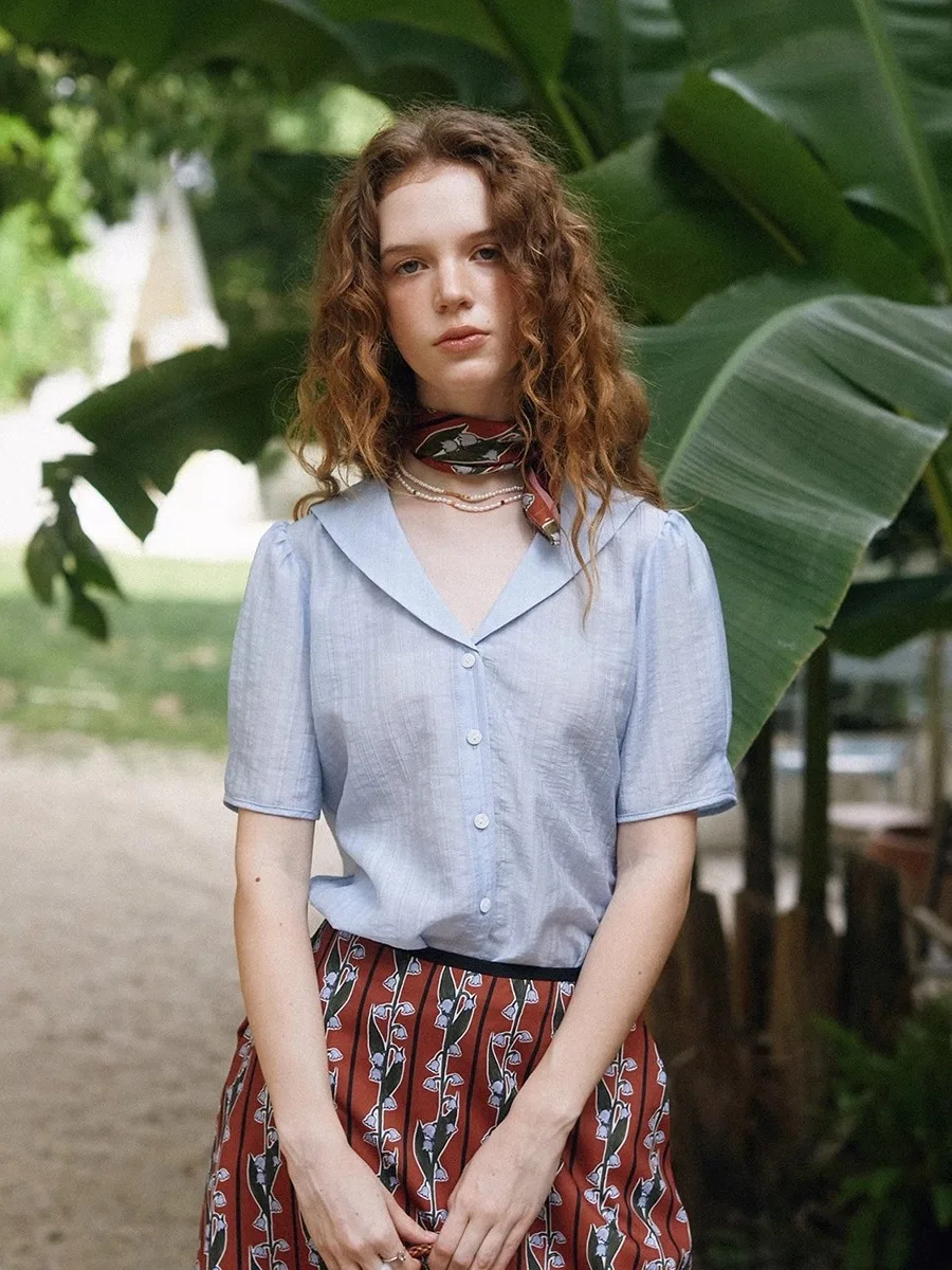 

Xunruo Brand Blue Striped Pleated Navy Collar ort Sve irt French Sle Straight Cut Button up Women's irt