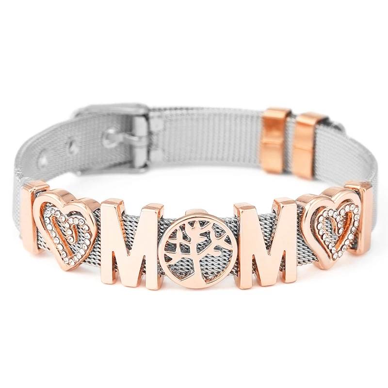 TOGORY 10mm MOM Santa Claus Slide Beads Mesh Bracelets For Women Simple Keeper Charm Bracelets Bangles Christmas Jewelry