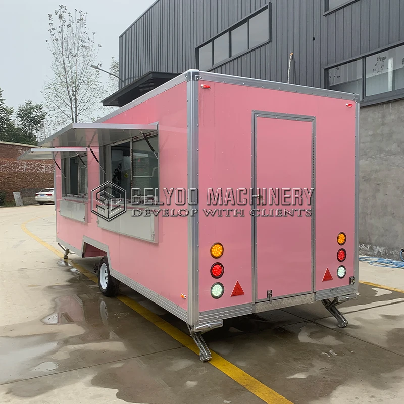 

Belyoo Stainless Steel Pink Food Trailer Fryer Fast Food Trucks Street Mobile Food Trailer with Full Kitchen Equipments