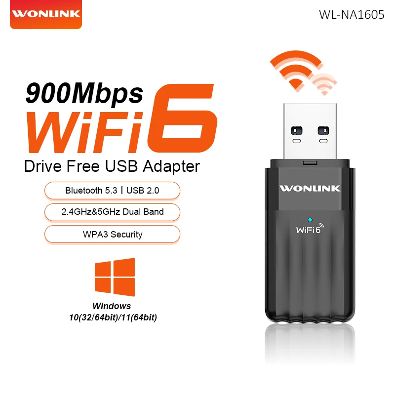 

WONLINK WIFI6 USB WIFI Adapter Bluetooth 5.3 Drive-free Wifi Dongle WPA3 900Mbps Wi-FI Reciver For Desktop Laptop Win 10/11