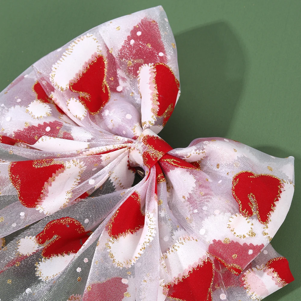 Świąteczne tiulowe kokardy do włosów, spinki z motywem czapki Świętego Mikołaja, duże siateczkowe spinki do włosów dla kobiet i dziewcząt, świąteczne ozdoby do włosów.