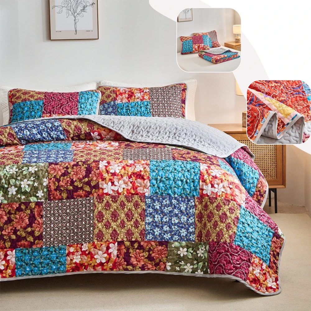 

3PCS/SET Vintage Quilted Polyester Cotton Bedspread for Double Queen King Size Boho Floral Bed Cover Quilts Bed Summer Bedspread