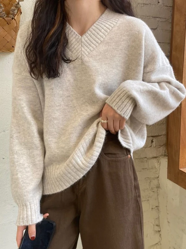 

Свободный вязаный свитер с V-образным вырезом для женщин, осенне-зимняя новинка, белый, повседневный, трикотажный топ, базовый слой, нижняя одежда
