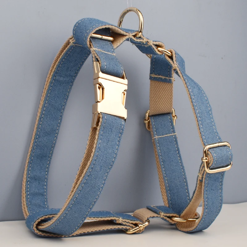 High Quality Pet Accessories Customized Designer Bare bottom denim Dog Collar Leashes Printing Dog Harness