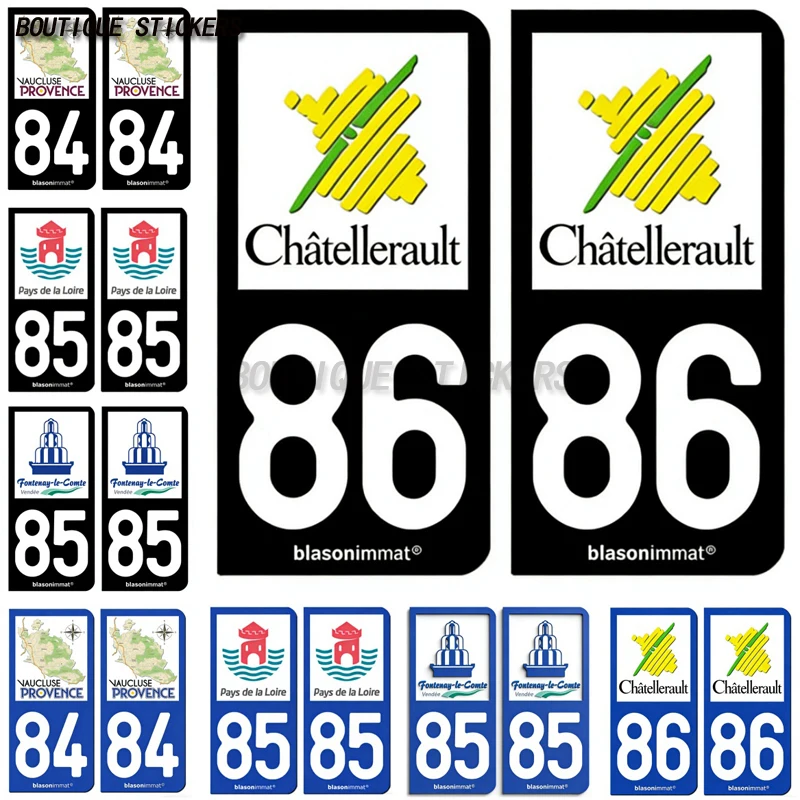 2PcsFrench license plate stickers 84 Vaucluse85 Pays de la Loire-Tourisme-Fontenay-le-Comte-Ville 86 Châtellerault-Ville PVC