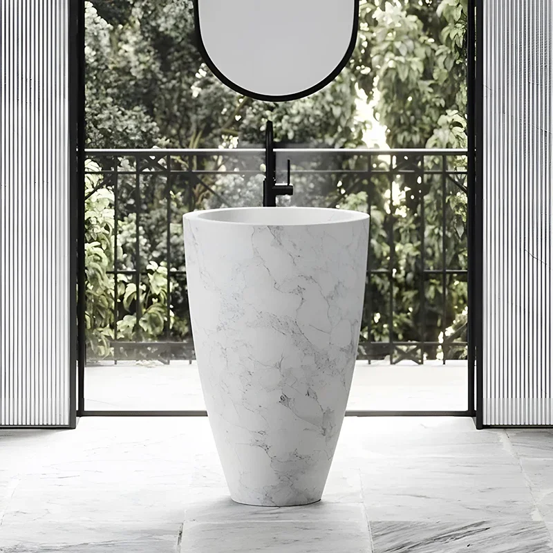 

Nordic floor-to-ceiling natural marble column basin wash basin Customized villa white simple creative outdoor washbasin