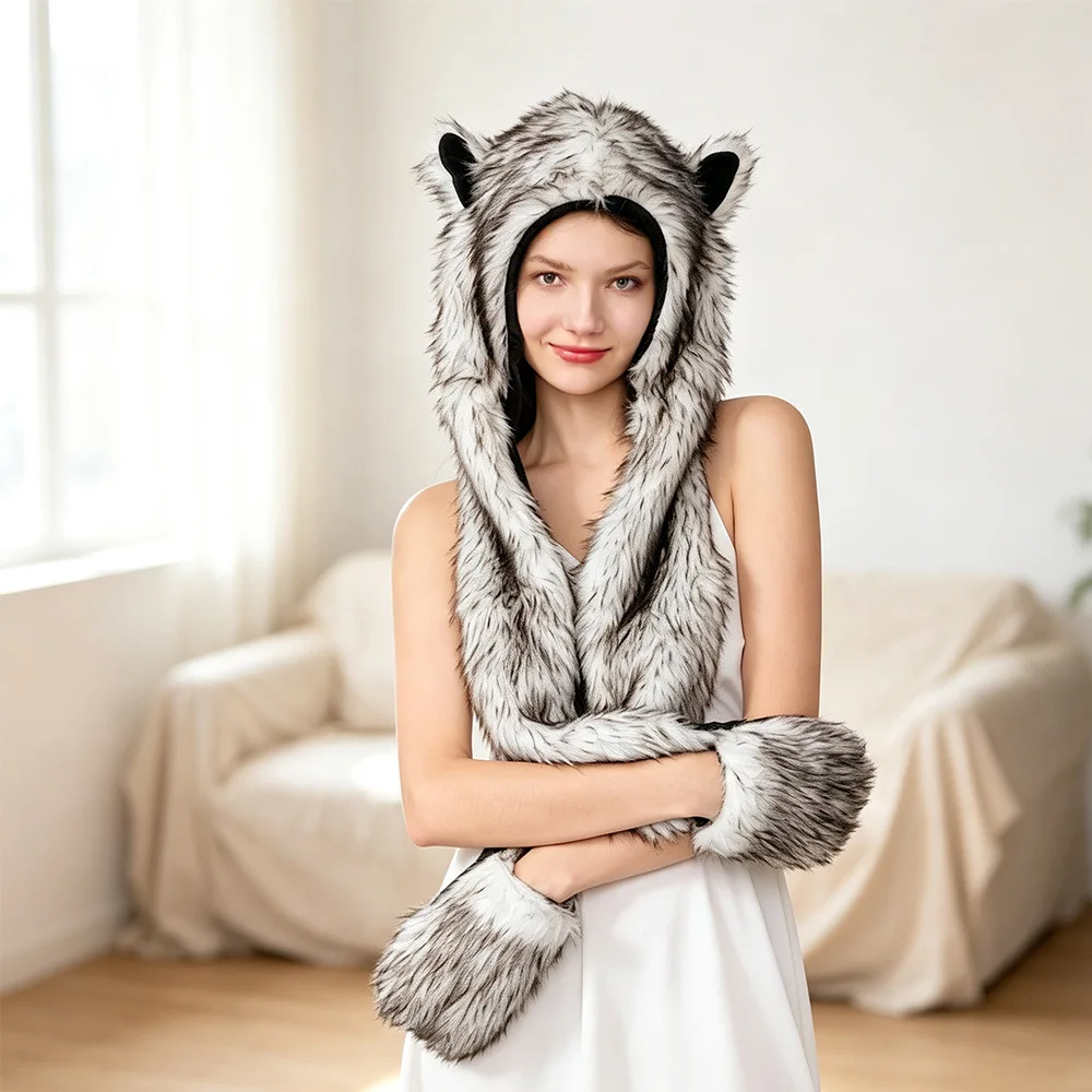 Leopard Print Cartoon Animal Plush Hat Scarf Gloves Set Warm Thickened All-in-One for Men Women Kids