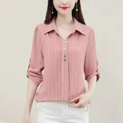 Spring Summer New Simplicity All-match Blouse 3/4 Sleeve Loose Polo Neck Striped Button Shirt Tops Vintage Fashion Women Clothes