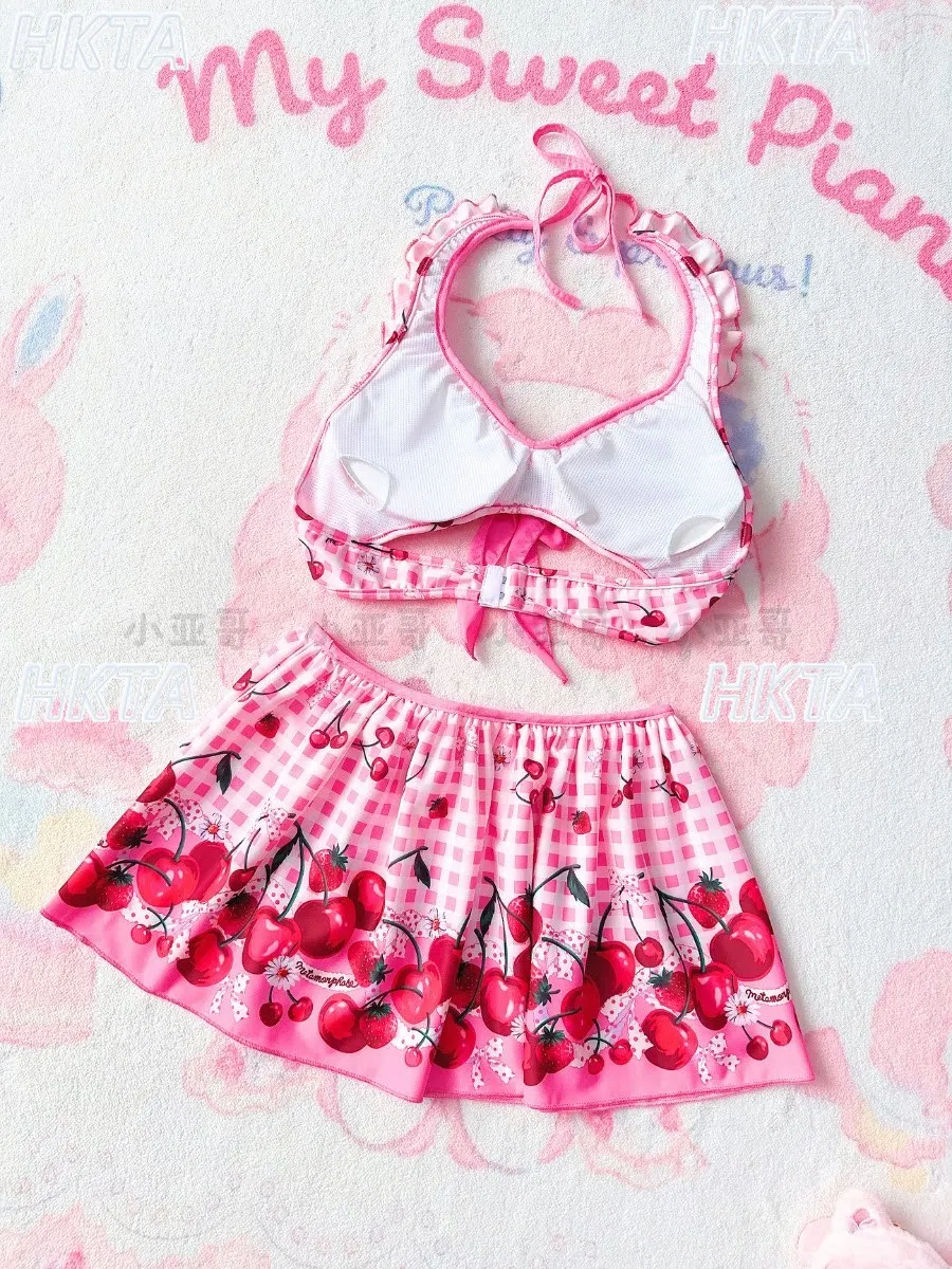 Japanese Sweet Plaid Cherry Print Split Swimsuit Women Kawaii Sexy Bikini Ruffled Edge Bow Slim Vacation Swimsuit Girls Swimming
