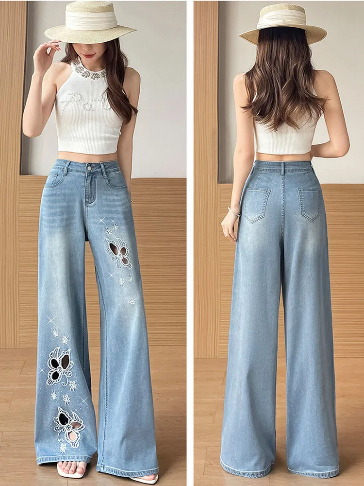Summer Women's Blue Rhinestone Jeans American Fashion High Street Straight Leg Embroidered Butterfly Hollow Out Denim Pants