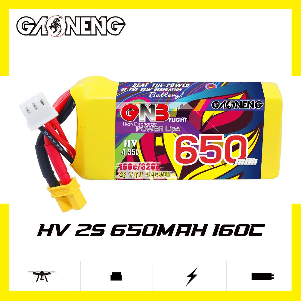 GNB-Batterie Lipo 2S, 650mAh, 7.6V, 160C/320C, avec compte 30, pour mini quadricoptère, importateur FPV, hélicoptère, avion RC, 6 pièces