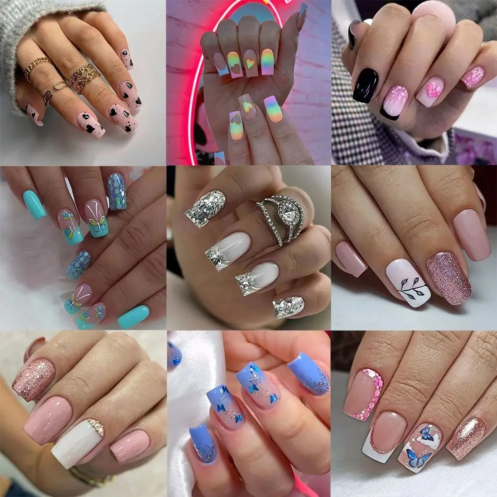 새로운 긴 사각형 거짓 손톱 손톱에 프랑스어 블랙 러브 하트 프레스 나비 전체 커버 네일 팁 DIY