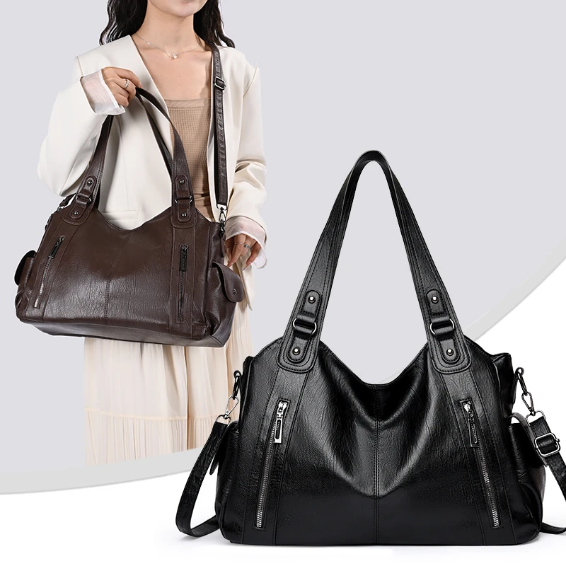Damen Vintage PU-Leder Handtasche mit mehreren Reißverschlusstaschen, modische Schulter- und Umhängetasche für Arbeit, Alltag und Reisen – Detail 1