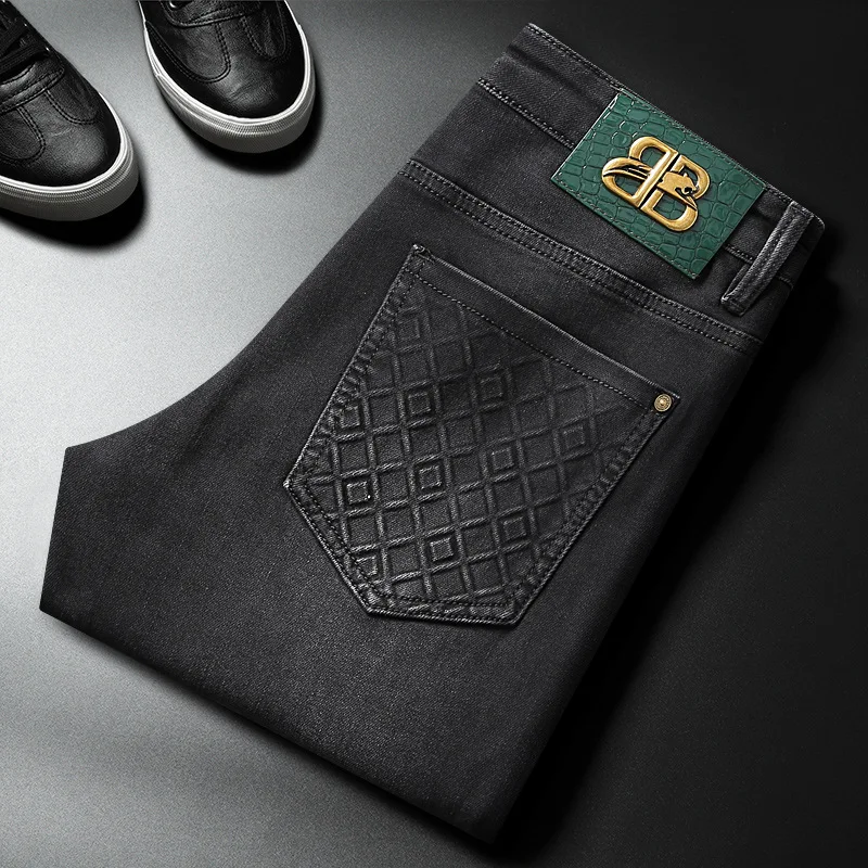 

Autumn and winter grey black elastic jeans for men, slim fit, small straight leg, high-end trendy and fashionable men's pants