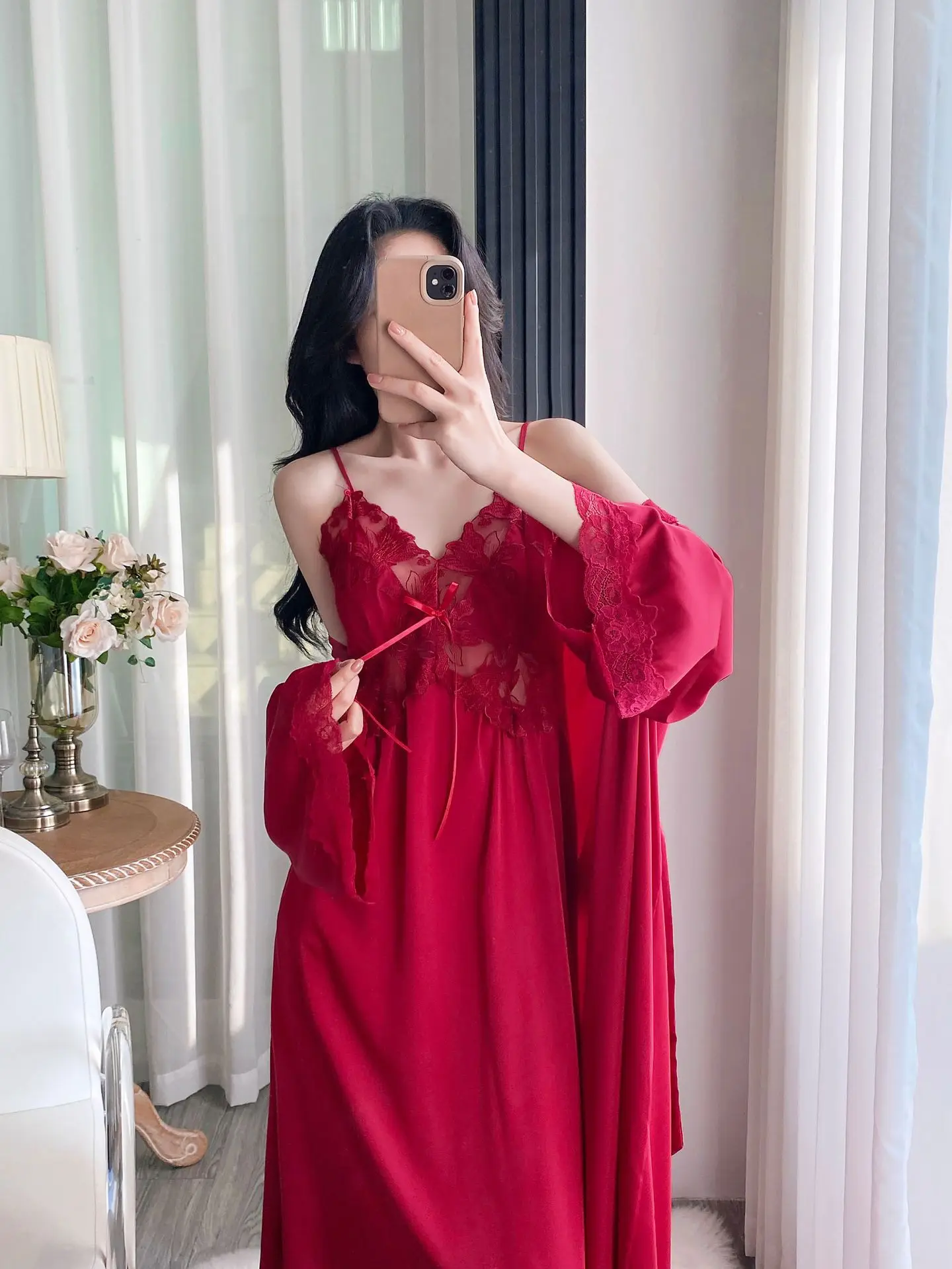 

Sexy Embroidery Female Long Robe Nightgown Set Kimono Patchwork Lace Suspender Night Dress Sleepwear Loose Satin Homewear