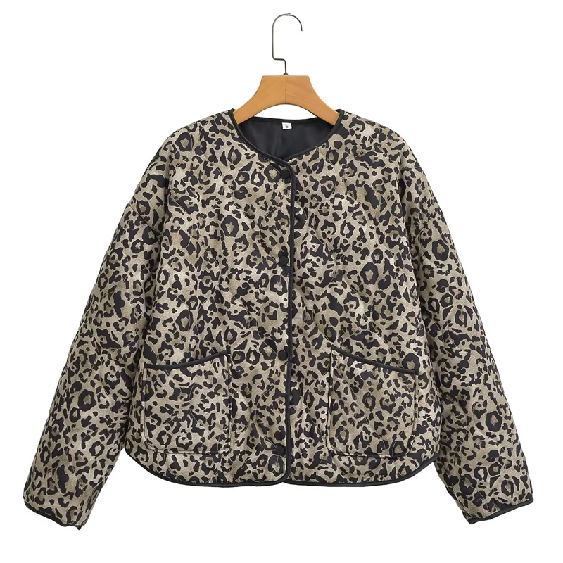 HXAO Leopard Quilted Jacket Women\'s Bomber Jacket Short Padded Jacket Demi-Season Crop Loose Coats Warm Lightweight Outwear 2024