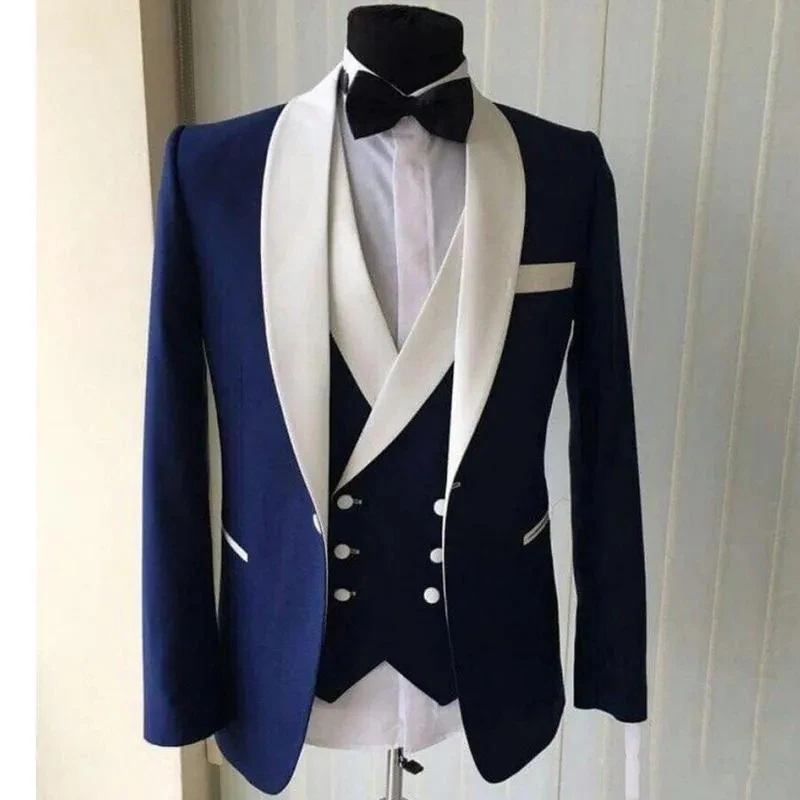 

Elegant Men's Suits Costume Homme White Shawl Lapel Single Breasted Regular Length Formal 3 Piece Jacket Pants Vest Business Set
