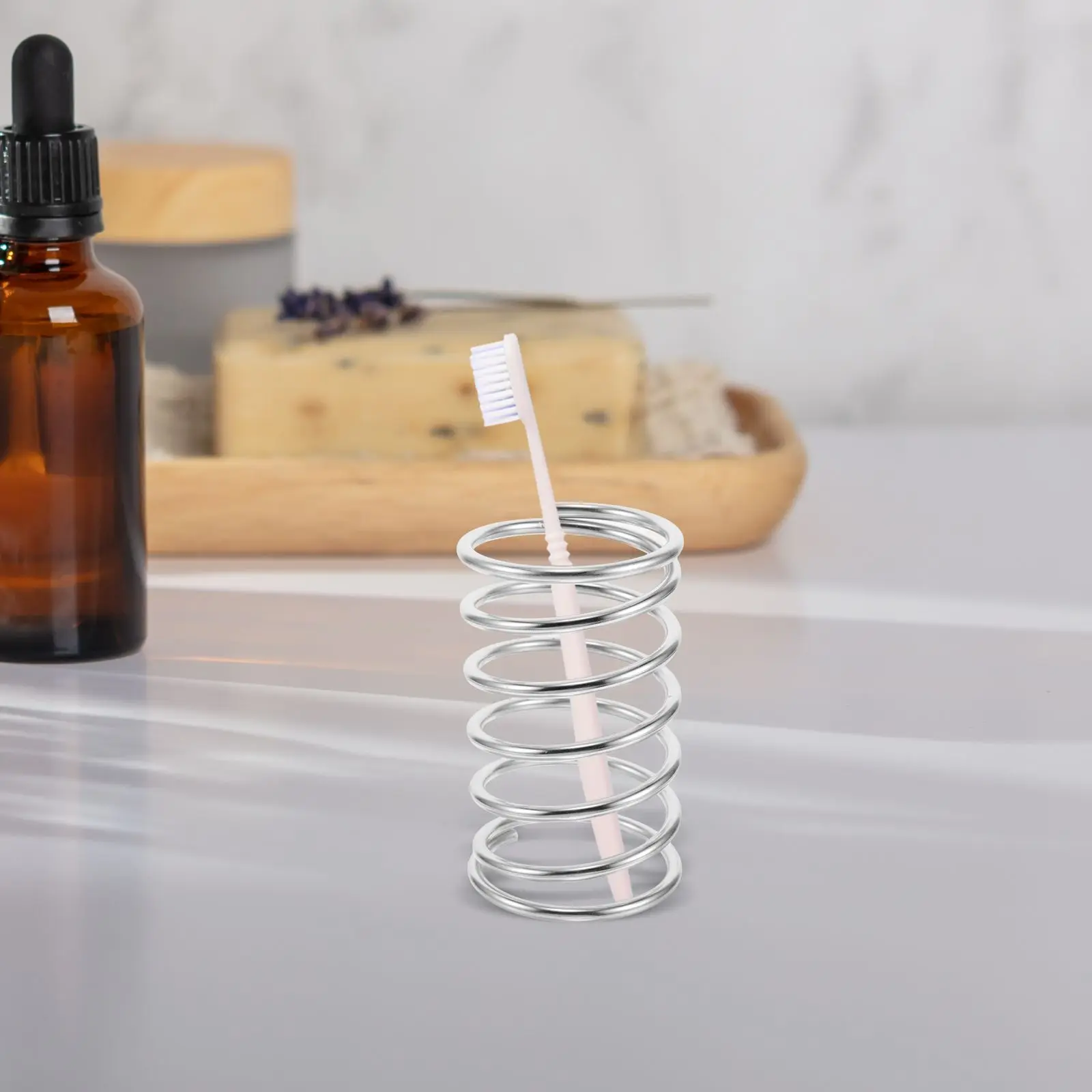 Stainless Steel Toothbrush Holder Spring Stand Bathroom Organizer Makeup Brush Storage Toothpaste Container Countertop