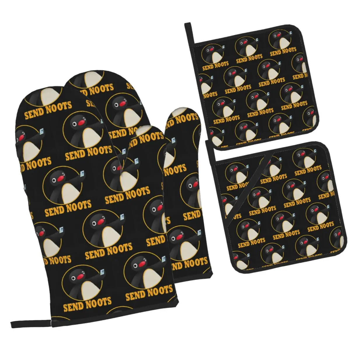 Pingu Pinga Penguin TV Oven Mitts and Pot Holder Sets of 4 for Baking Kitchen Cooking Grilling Resistant Non-Slip Gloves