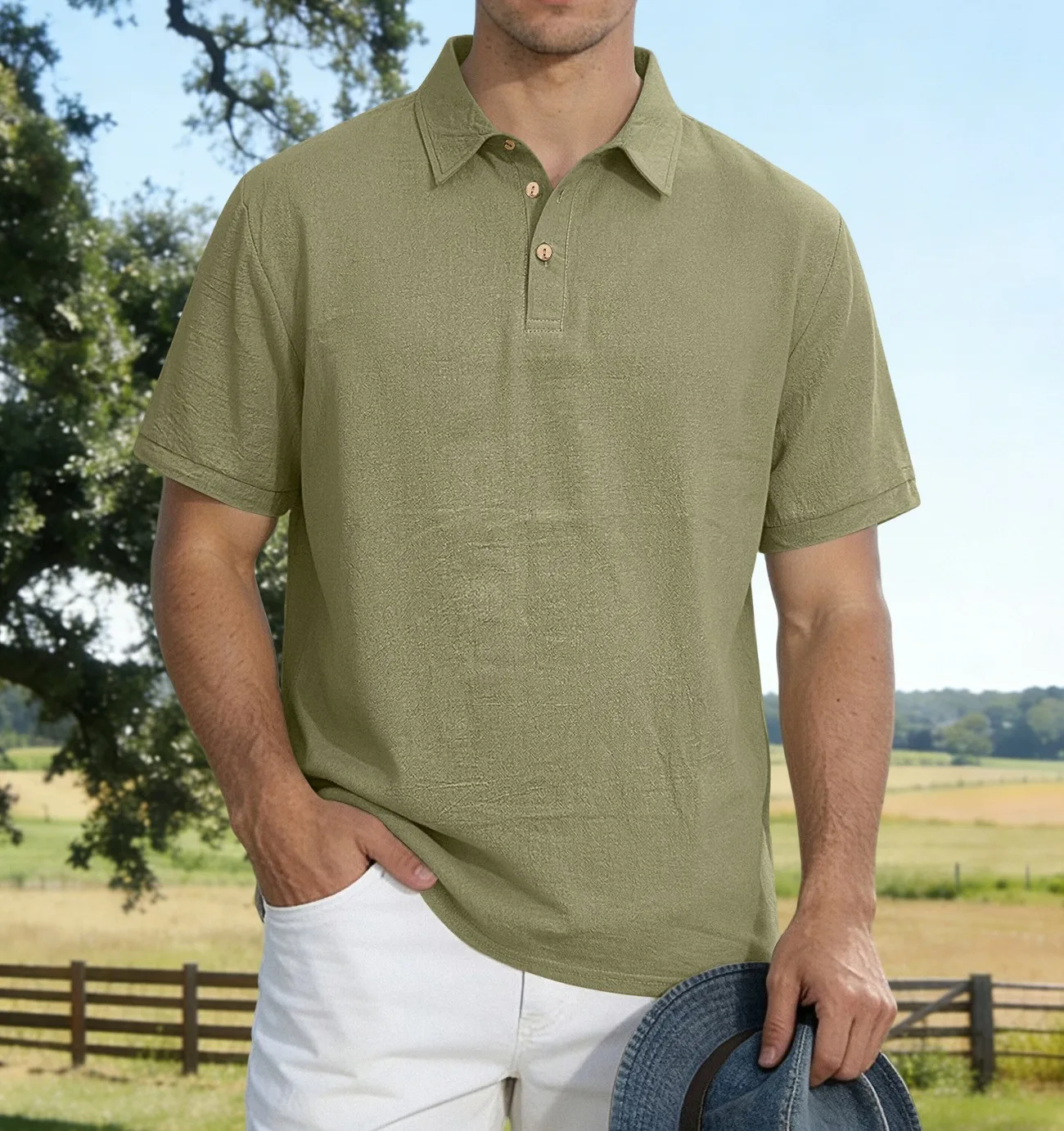 

New men's summer solid-color collarless Polo shirt high-end business linen T-shirt collarless casual men's short-sleeved shirt