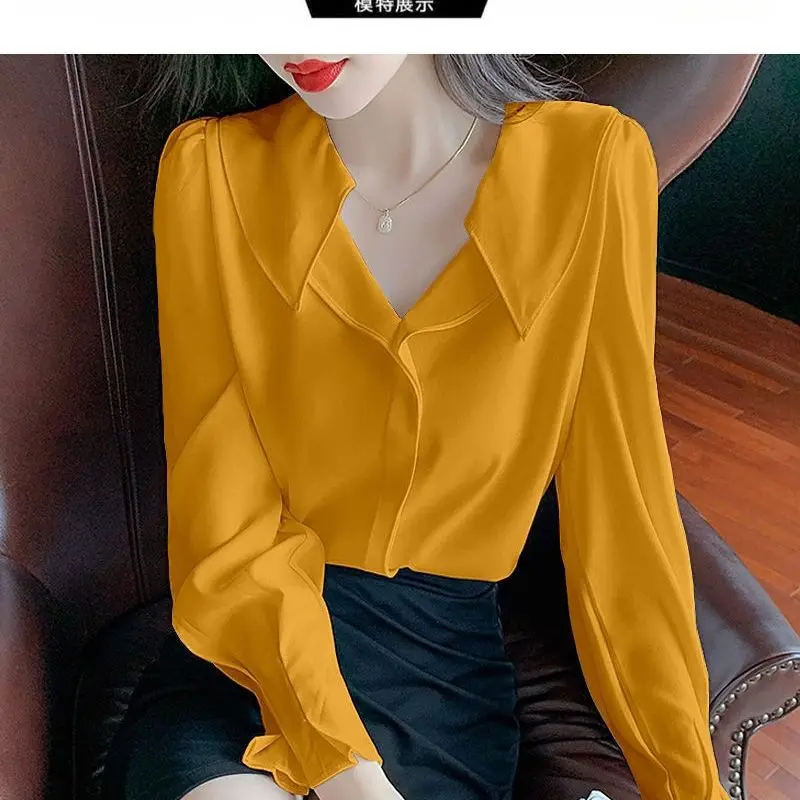 Elegante chiffon sólido solto blusa primavera outono nova manga longa com decote em v simplicidade camisa topos temperamento moda roupas femininas