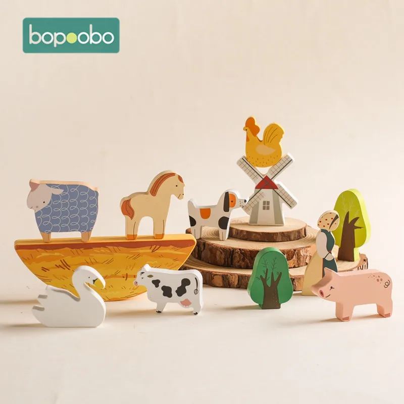 

1Set Baby Farm Animal Balance Toys Wooden Stacking Toy Blocks Game Montessori Hands-on Balance Ability Educational Children Gift