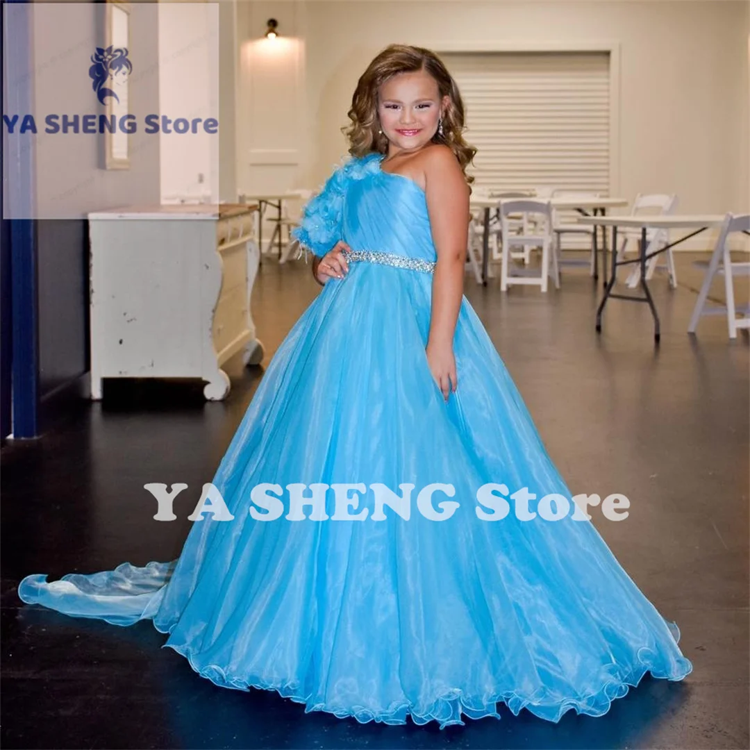 One-Shoulder Girl Pageant Dress with Cape 3D Floral Sleeve Little Kids Fun Fashion Runway Drama Gown Toddler Teen Preteen Miss M