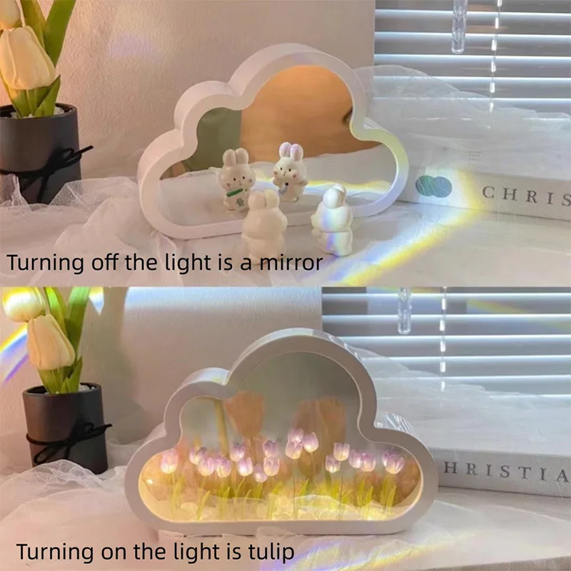 INS-Petite Veilleuse Miroir Tulipe Nuage pour Fille, Décoration de Bureau, Salon, Cadeau d'Anniversaire, Cadeau de Vacances, DIY, Fait Main, Coeur