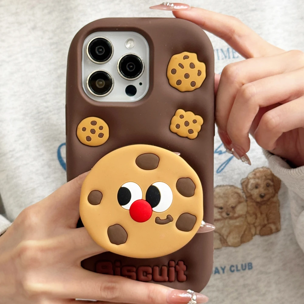 

3D Telescopic Bracket Biscuit, Soft Silicone Phone Case, iPhone 11 12 13, 14, 15, 16 promax, back cover Shell Skin Holder Cookie