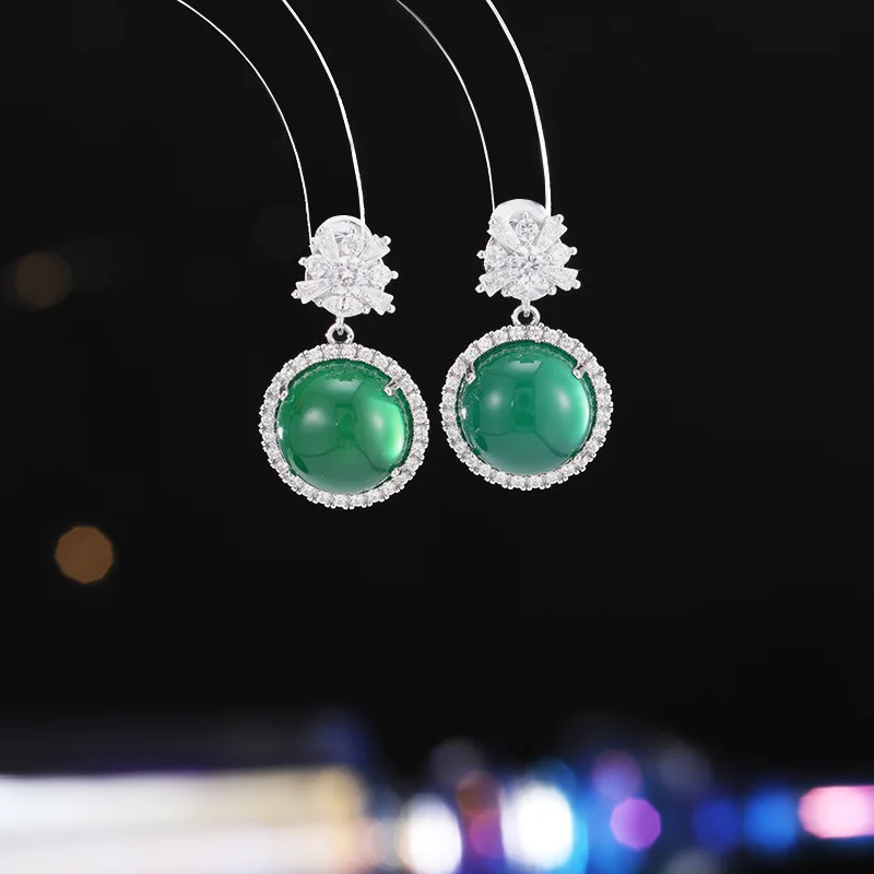 

New Chinese-style chalcedony retro high-end round stud earrings, niche design light luxury earrings