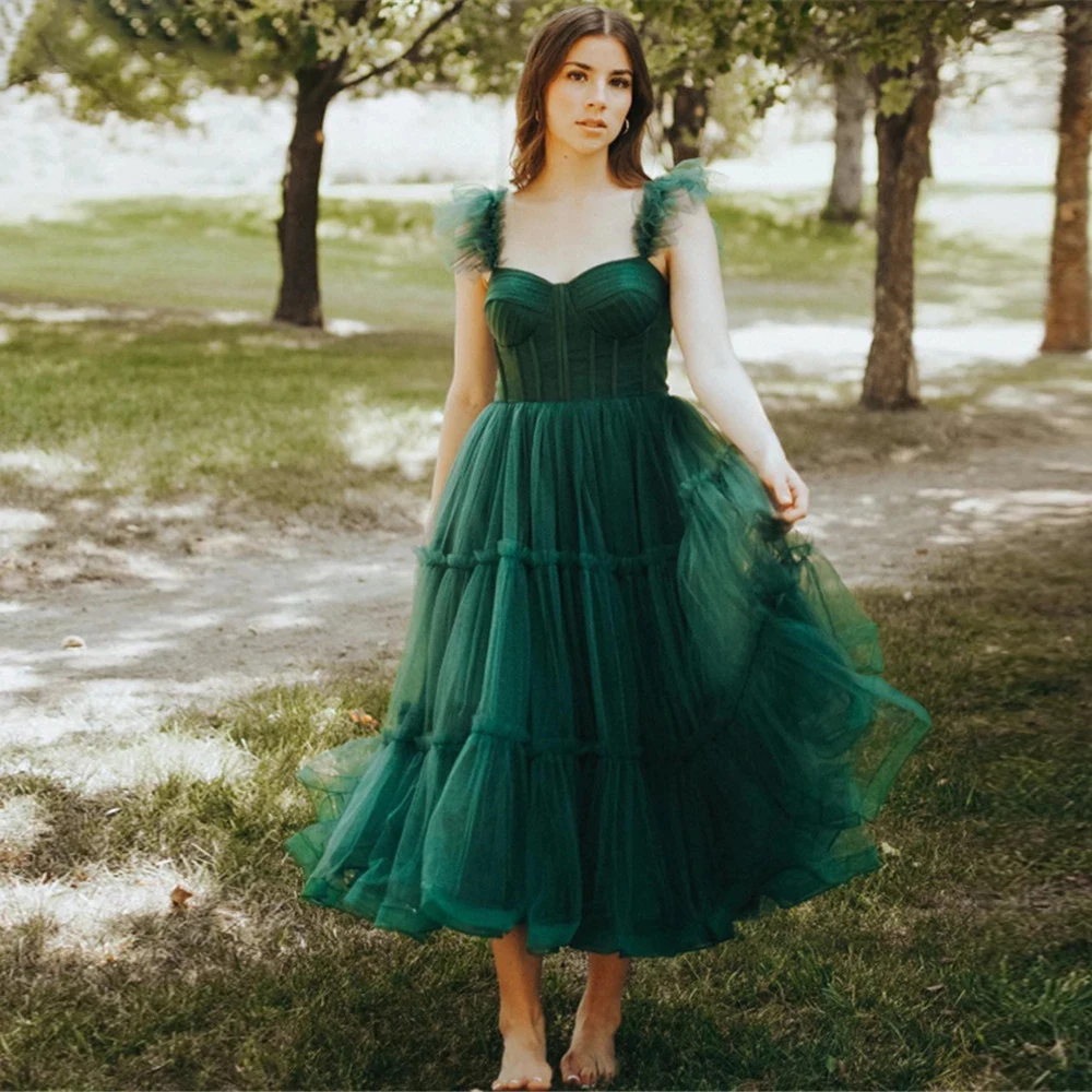 

QX Dress Store Formal Evening Dresses Forest Green Midi Prom Tulle A Line Ankle Length Off Shoulder Party Gown Vestidos De Gala