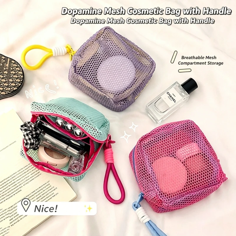 2026 Mini Coin Purse Portable Mesh Makeup Bag Dopamine Mesh Cloth Money Lipstick Eyeshadow Storage Bag for Travelling Shoping view 3