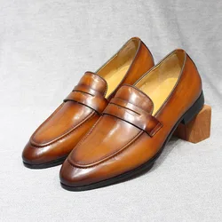 Size 6-13 Spring Autumn Mens Penny Loafers Genuine Leather Hand Painted Slip On Dress Shoes Men Wedding Casual Business Shoes