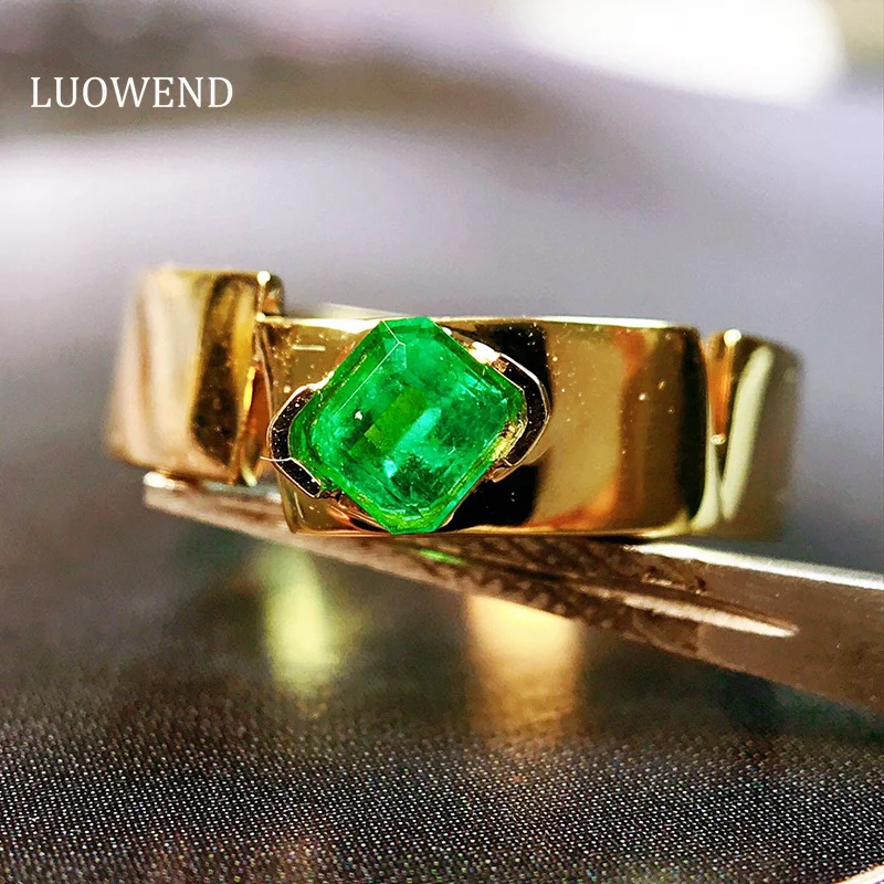 LUOWEND 100% 18K Yellow Gold Rings 0.38carat Real Natural Emerald Ring for Women Vintage Elegant Design High Anniversary Gift