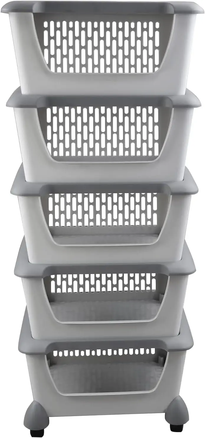 5-Pack Plastic Stackable Storage Basket with Lids, Stacking Organizer Basket with Wheels, Gray