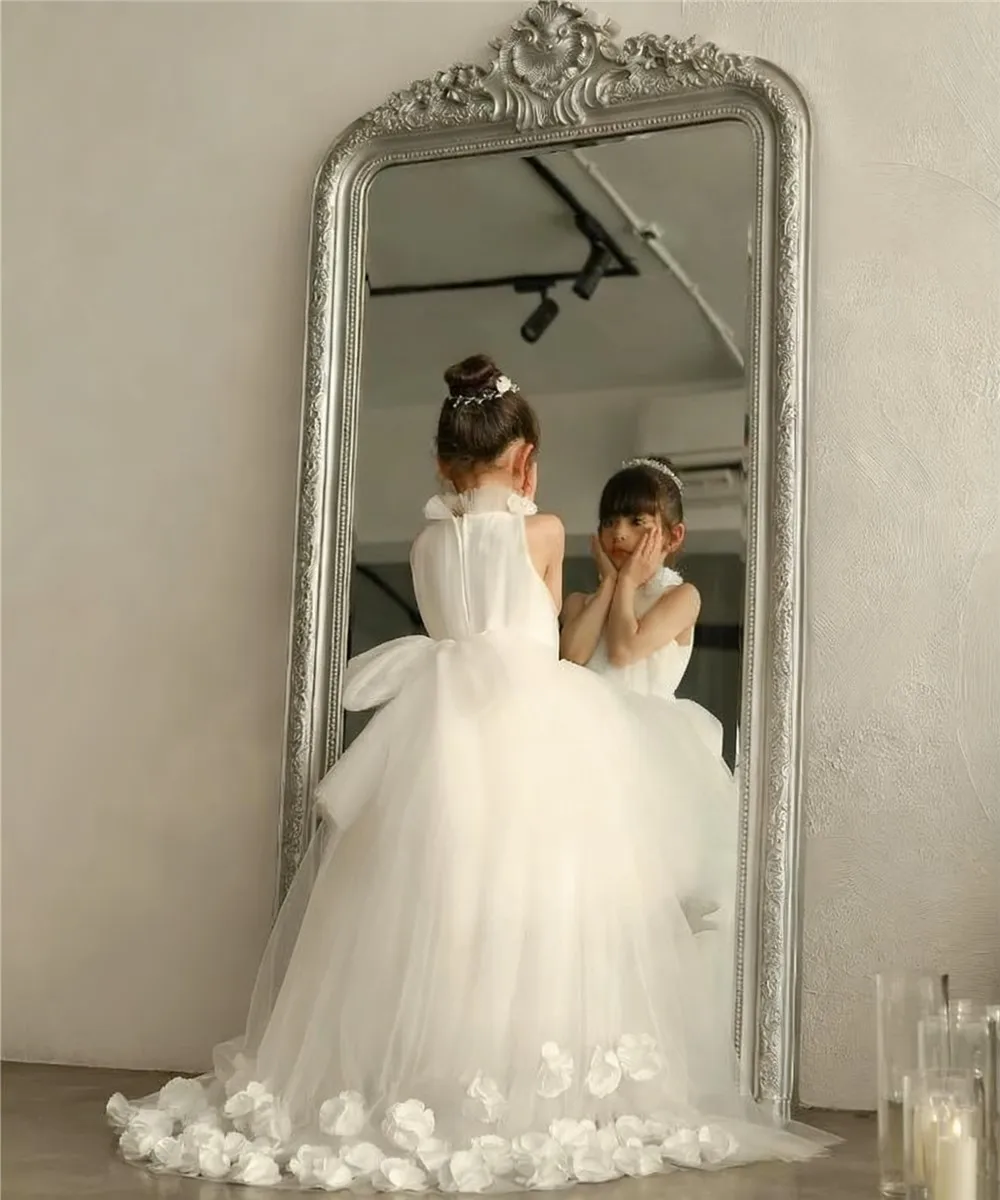 Maßgeschneidertes Blumenmädchenkleid für die Hochzeit, Blumenapplikation, bauschig, ärmellos, Tüll, Geburtstagsfeier, Baby-Erstkommunion-Ballkleid