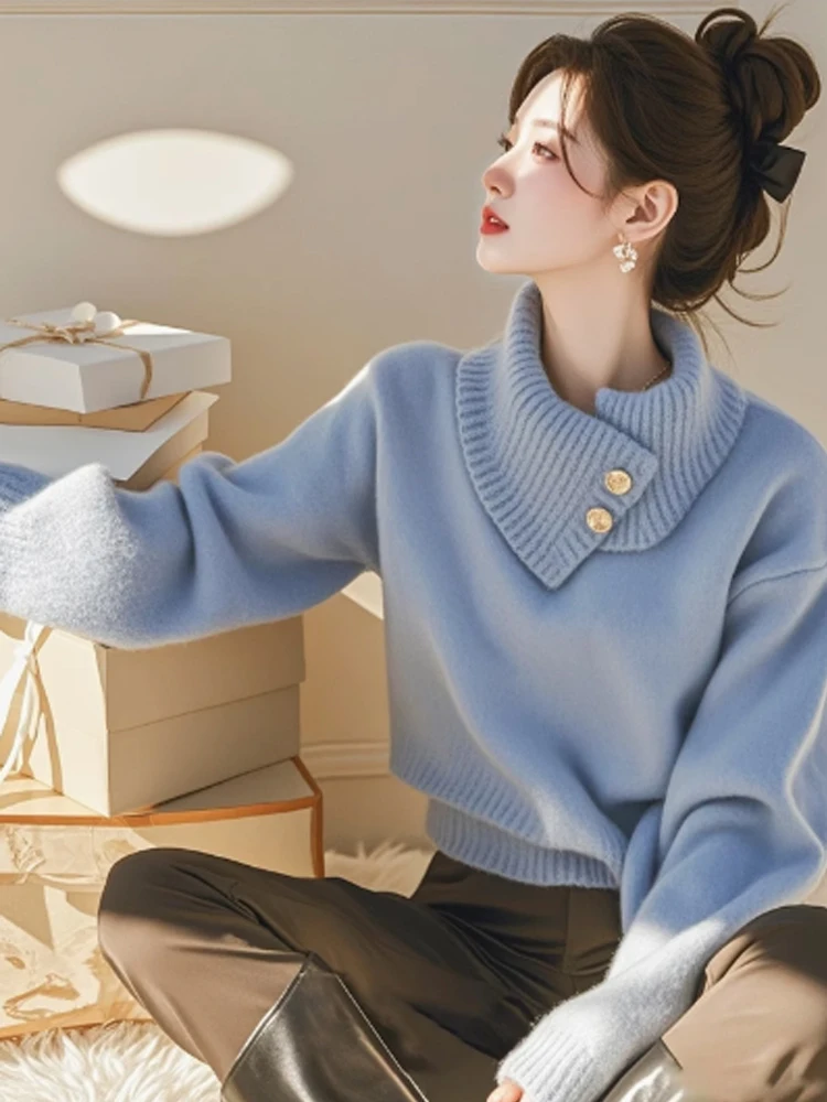 

Повседневный вязаный свитер с длинными рукавами для женщин, простой, мягкий, свободный, стройнящий топ с высоким воротником, из полиэфирного волокна