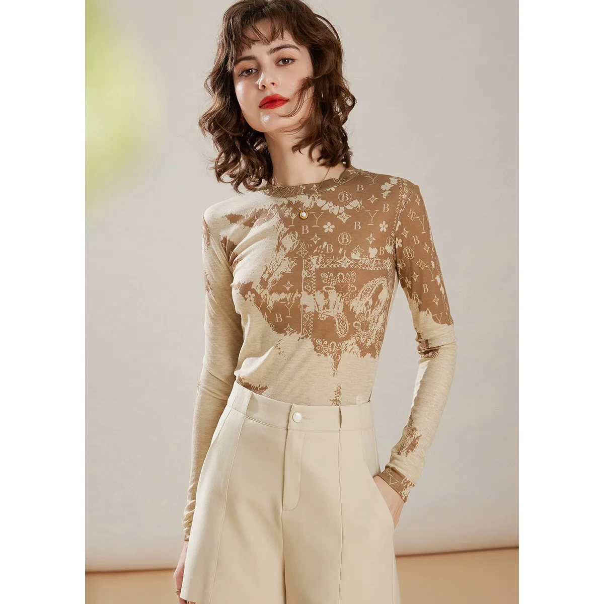 LOUISYAO Printed Outerwear Ready Tee 2025 Spring Autumn Women Long Sleeve Round Neck Slim Fit Basic T-Shirt