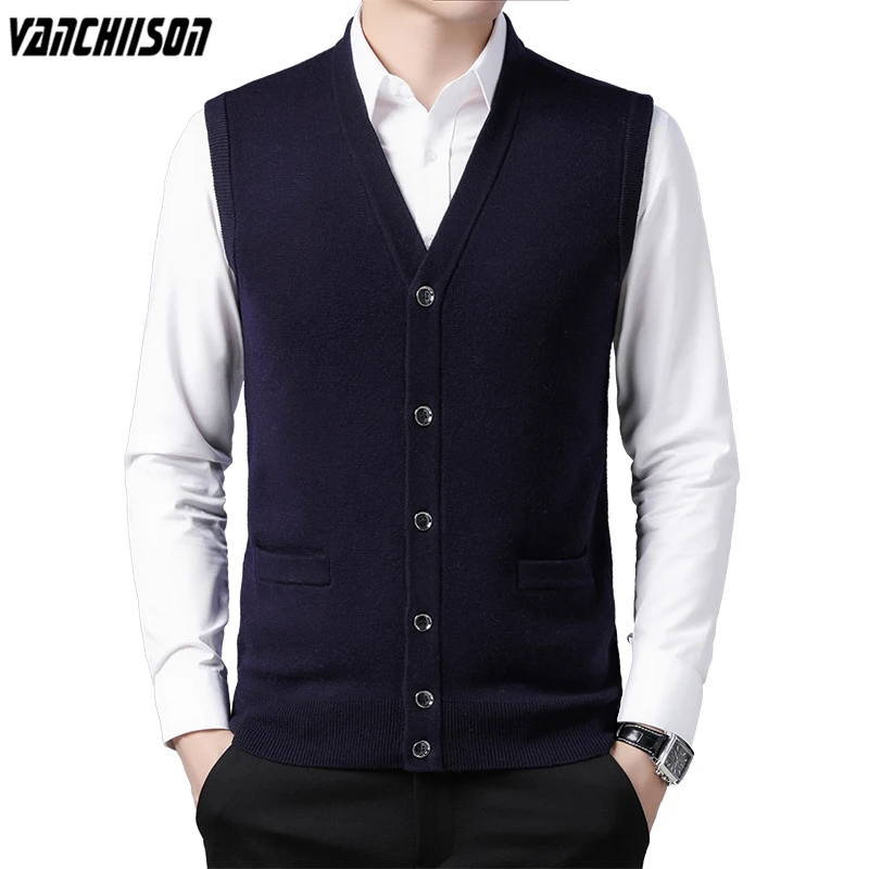 

Men 100% Wool Knit Vest Buttons Down Business Basic Sweater Cardigan Sleeveless V Neck Thick for Autumn Winter 01072