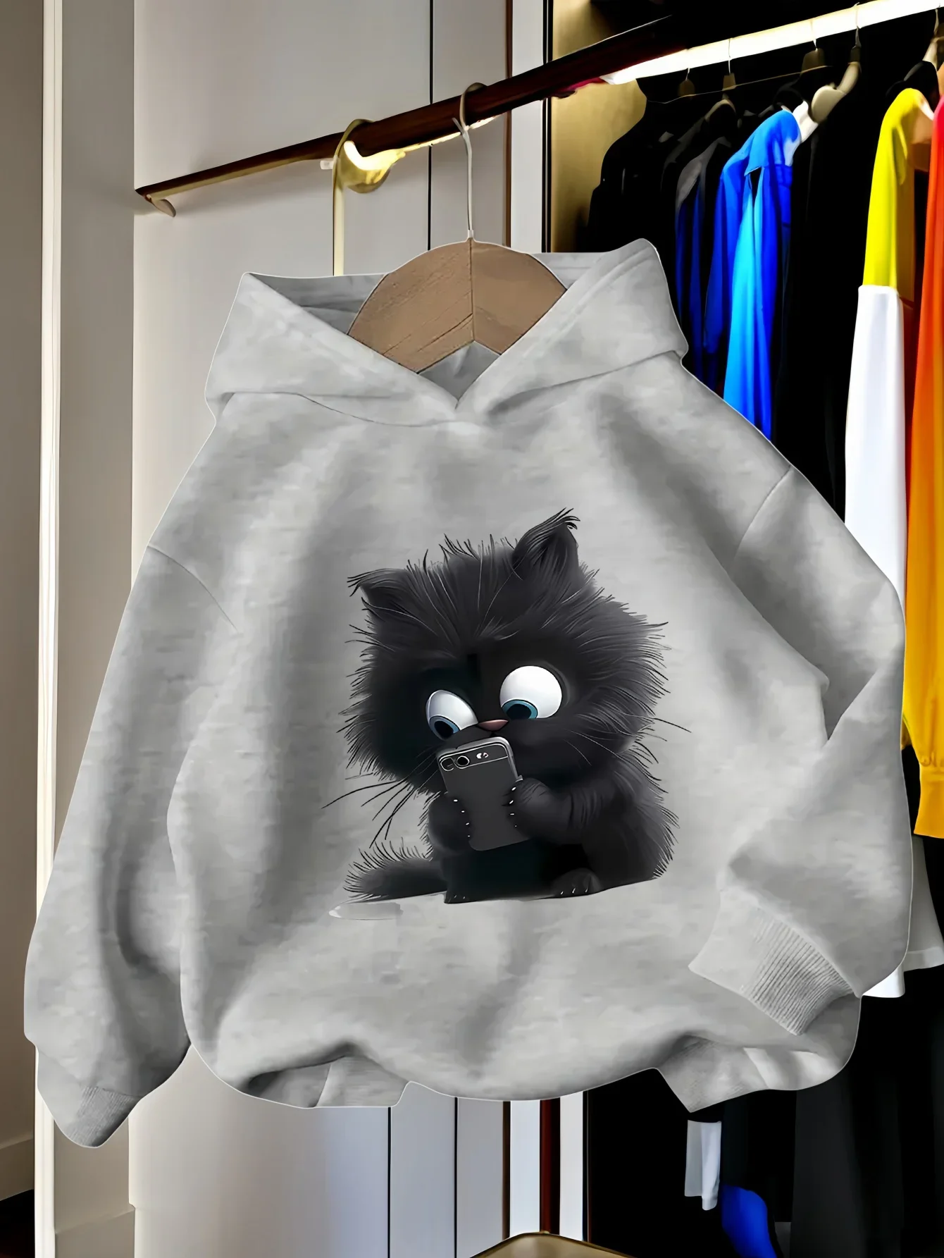 Funny Black Cat Playing Phone Graphic Hoodies for Teen Girls Printed Sweatshirt  Cat Lover Birthday Present School Hooded Tops