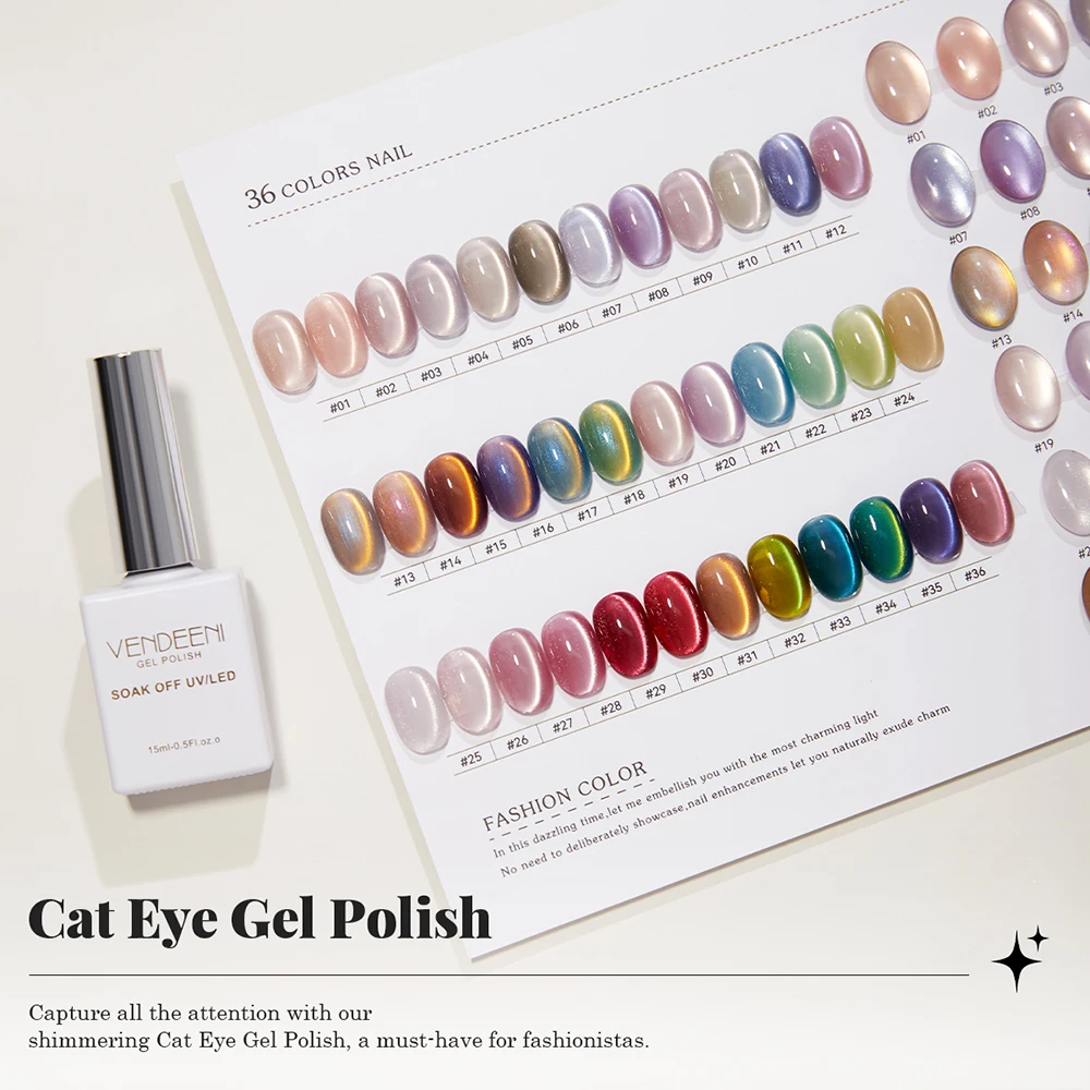 Vendeeni 36 Farben/Set Farbiges Kristall-Katzenaugen-Gel-Nagellack mit Glasperlen, Magnetischem UV-Härtungsgel und Display – Detail 8