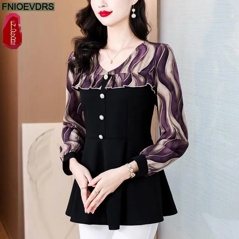 Retro Vintage Purple Ruffles Peplum Tops New Design Women 2024 Autumn Long Sleeve Sequined Tunic Button Shirts Blouses