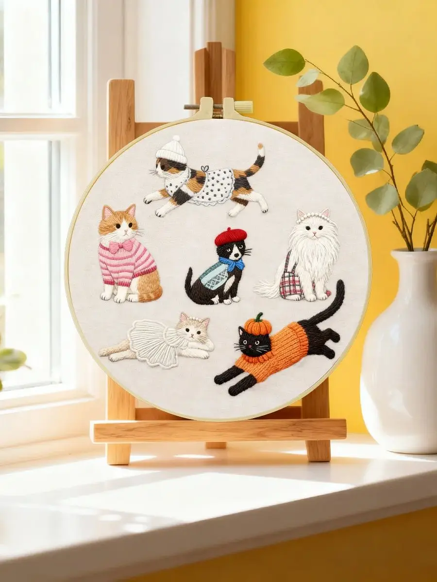 1 Stück 20X20CM/15X15CM 7,87/6,3 Zoll Katzen-Stickerei-Starter-Kit DIY-Kit DIY-Stickerei-Set für Anfänger Nadelkunst – Detail 6
