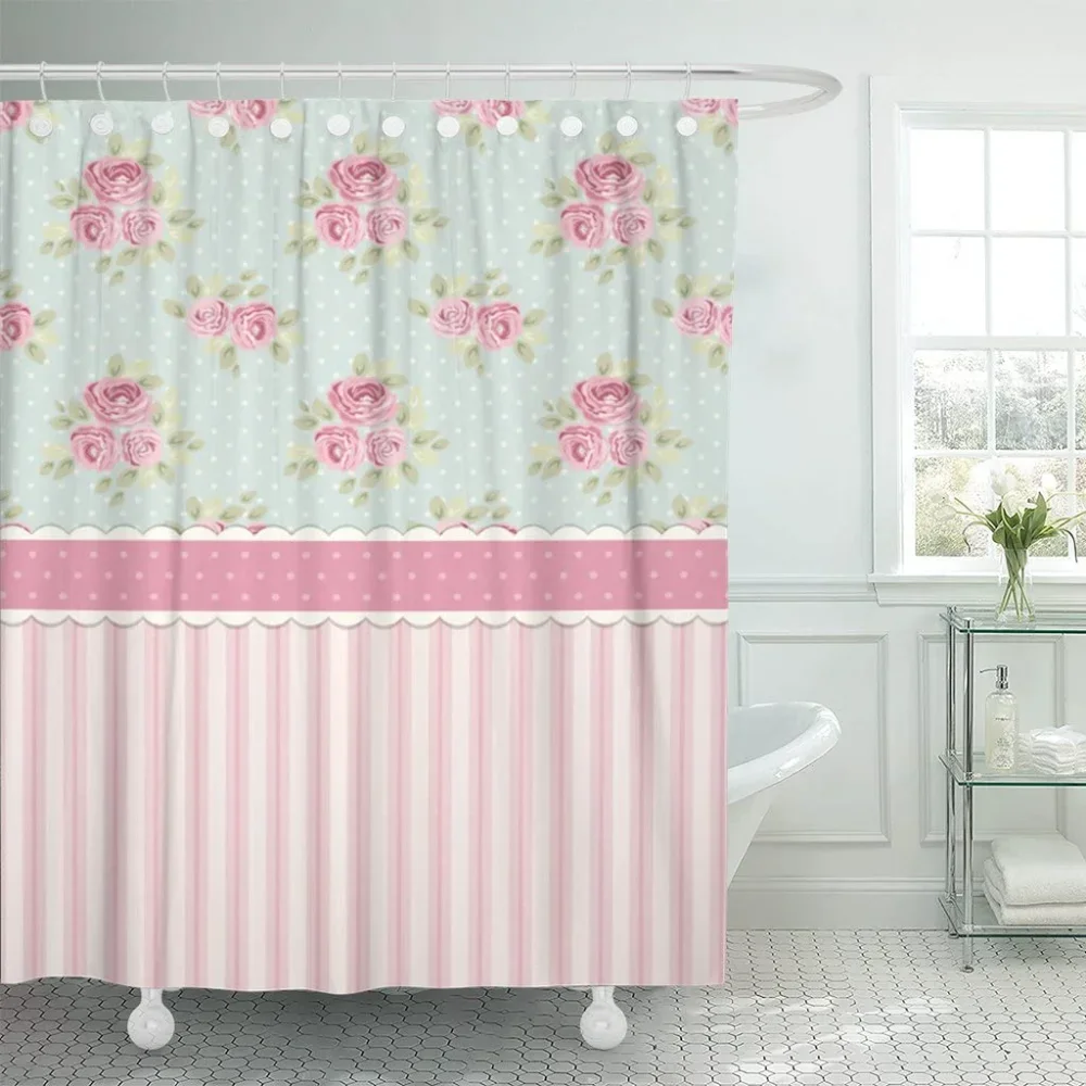 Women Girls Shower Curtains Colorful Cute Shabby Chic Roses and Polka Dots Bath Curtain Polyester Fabric Bathroom Accessory Sets