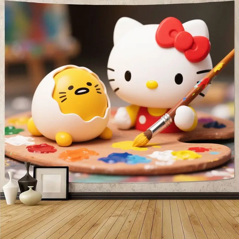 

1PC Sanrio Hello Kitty & Gudetama Painting Art Kawaii Tapestry, Polyester Wall Decor for Aesthetic Bedroom Living Room Gift